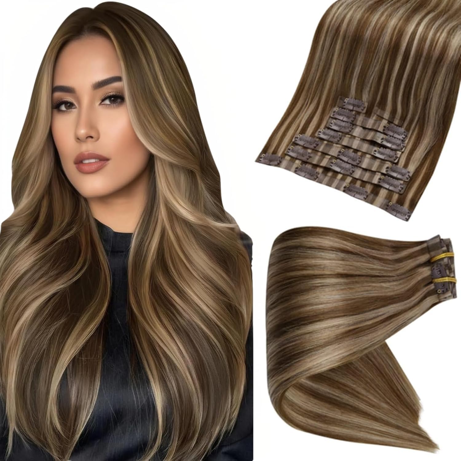 フルシャイン シームレス クリップ ヘアエクステンション レミー人毛 8本 120g