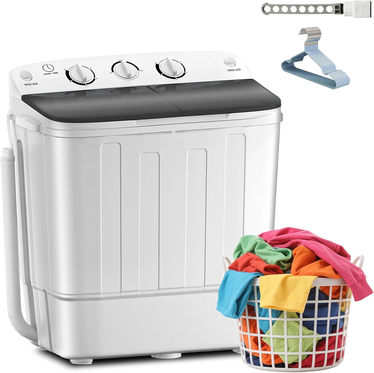 Portable Twin Tub Washing Machine for Dorms, Apartment - Comes with Drying Rack and 10 Hangers, 18lbs Total Capacity