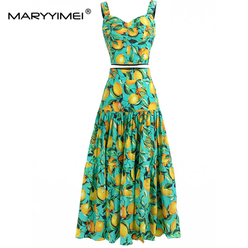 MARYYIMEI 春の女性のスーツショート小さなスリングトップ青と白の磁器プリント休暇スカートホリデーコットン 2 点セット