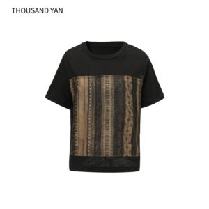 レディース レトロなエスニックプリント パッチワーク リネン・コットン Tシャツ シンプル クルーネック ゆったりとしたカジュアルトップス