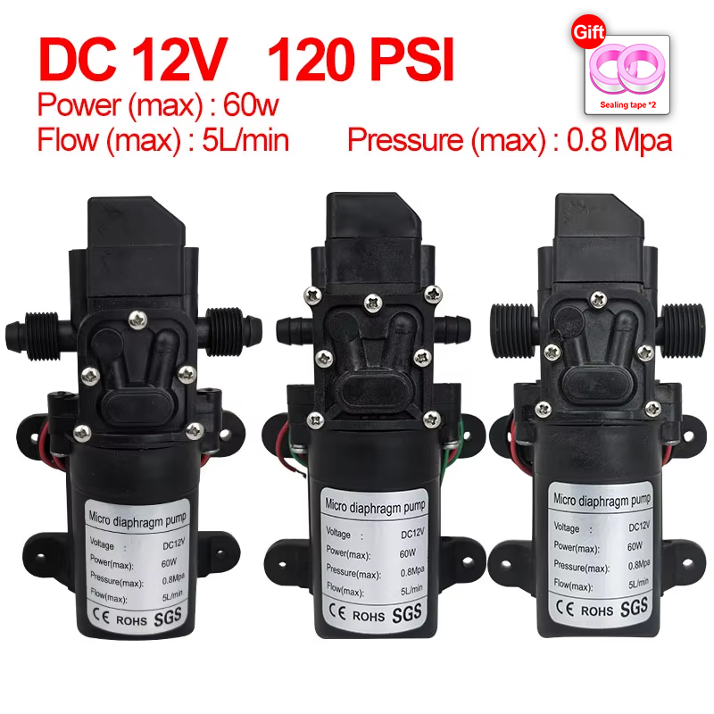 高圧ダイヤフラムポンプミニ電動自吸ポンプ水洗濯機農薬散布、DC12V 120PSI 60W 5L/分