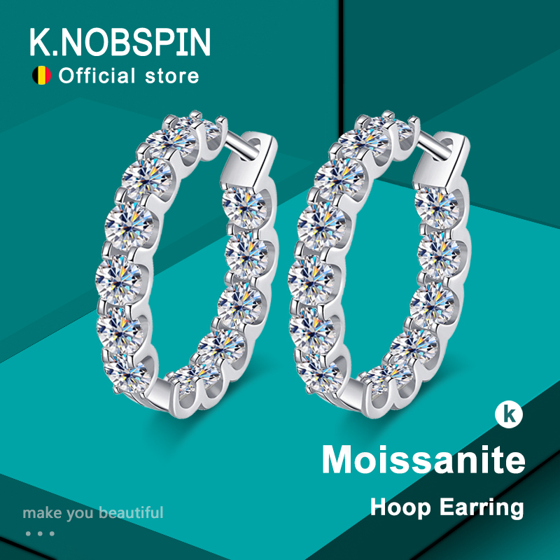 KNOBSPIN 2.6ct D カラーモアッサナイトイヤリング 925 スターリングスライバーメッキホワイトゴールドフープイヤリング女性のウェディングパーティージュエリー