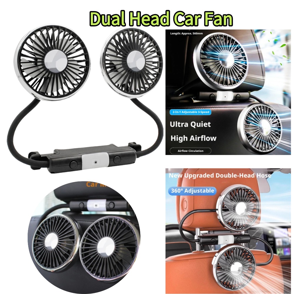 フレキシブルホース車冷却ファンデュアルヘッドカーシートリアファン 3 スピード LED ライト 12V 24V 空気循環電動ファン車 Accessorie