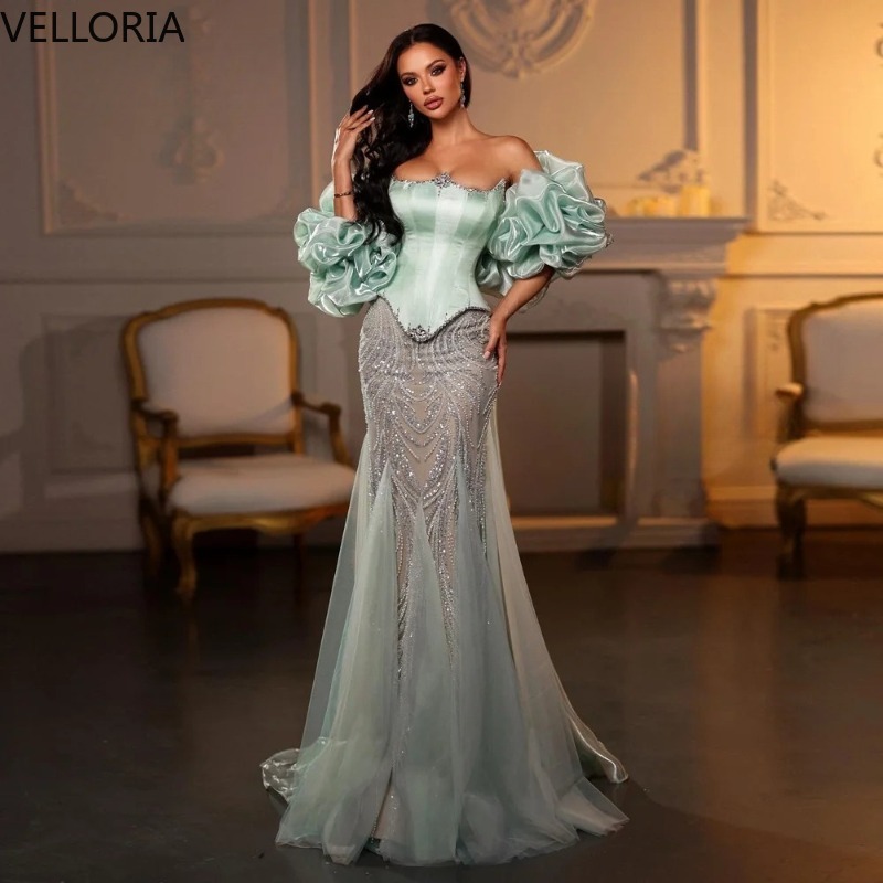 Exquisite Green Mermaid Evening Dress Bubble Sleeves Crystal Off Shoulder Beaded Party Dress Robe De Soiree Ball Prom Customized