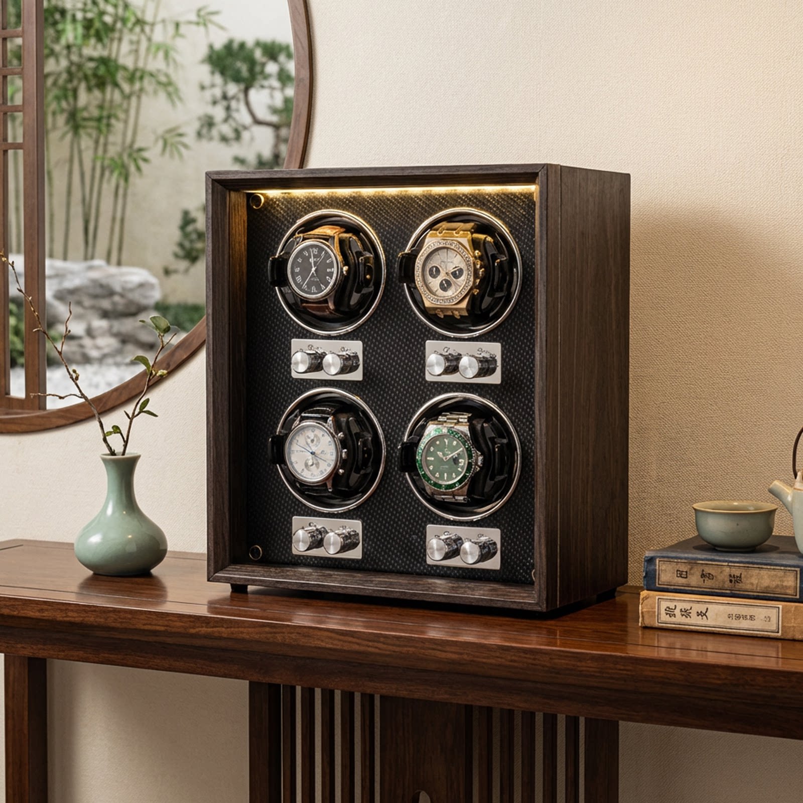 Wood Grain Watch Winder Automatic Mechanical Watch Box Silent Mabuchi Motor Anti-magnetic LED Light Luxury Watch Storage Case