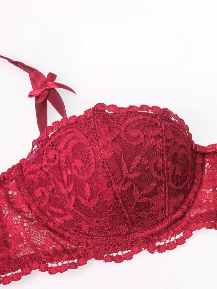 Sexy French Red Lace Lingerie Set Thin Half Cup Push Up Bra Adjustable Support Gather Anti Side Spreading Underwear for Women