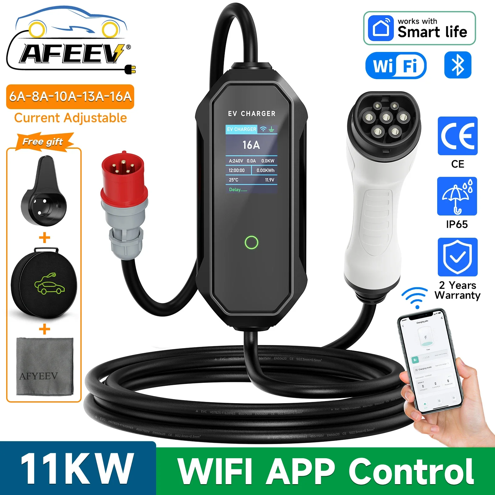 AFEEV 11KW タイプ 2 EV 充電器 16A 3 相ポータブル充電器ウォールボックス EVSE 高速充電ケーブル CEE プラグ APP Bluetooth 制御