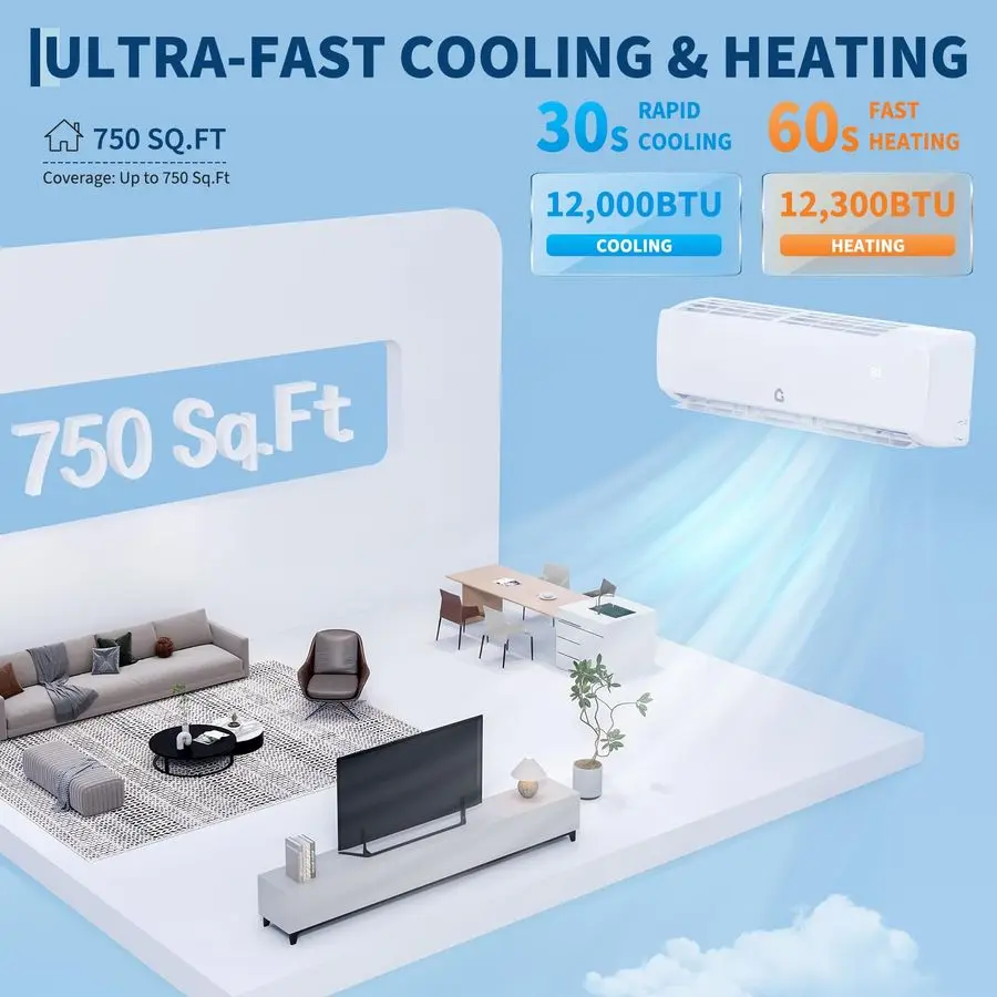 12000 BTU ミニスプリットエアコンヒートポンプシステム、19 SEER2 インバーターミニスプリット AC 加熱システム、ダクトレス壁取り付け AC U