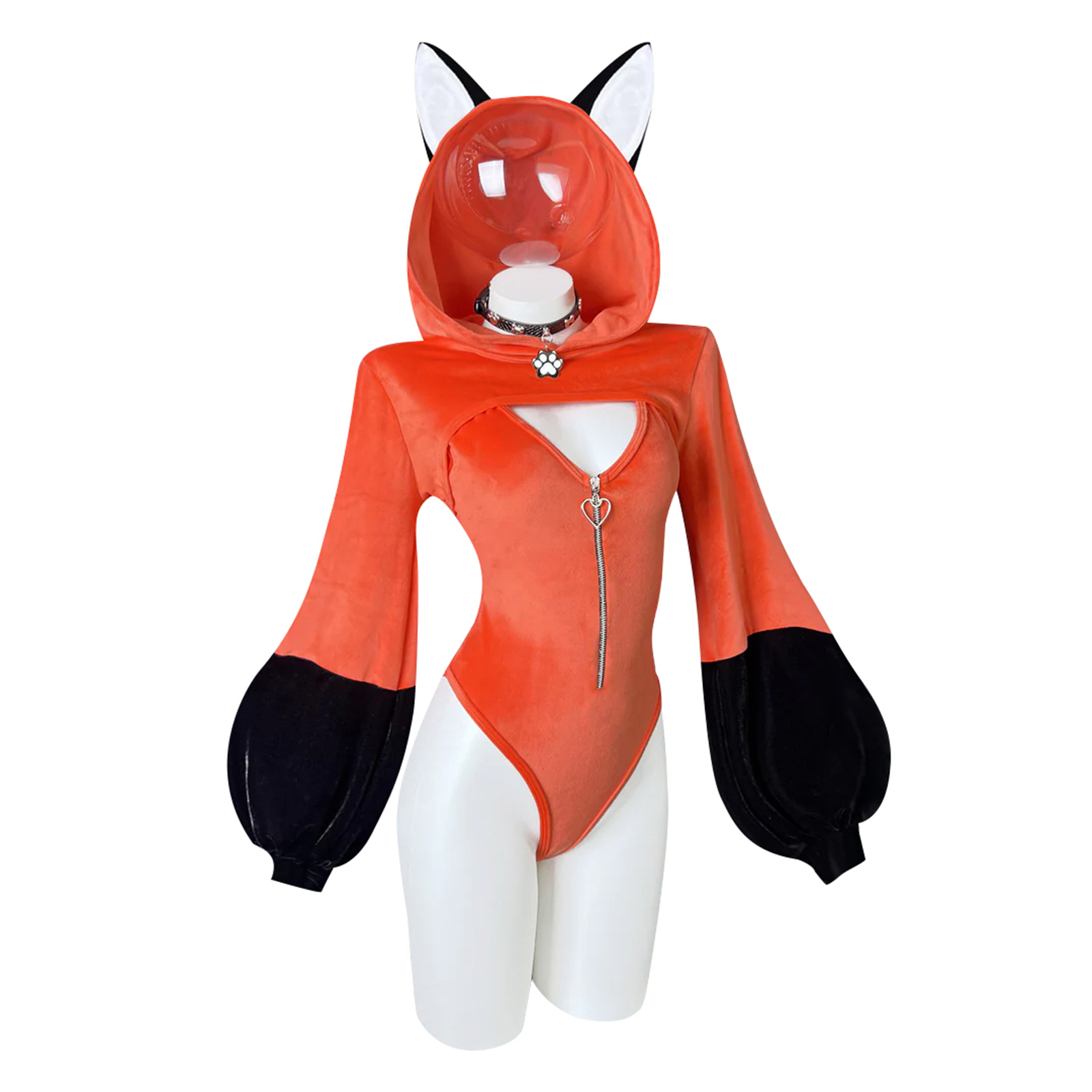 Koruraclub かわいい女性用の黒とオレンジのカラーブロックのキツネをテーマにしたニット ジャンプスーツ セーター、黒のキツネ柄の下着と組み合わせています。