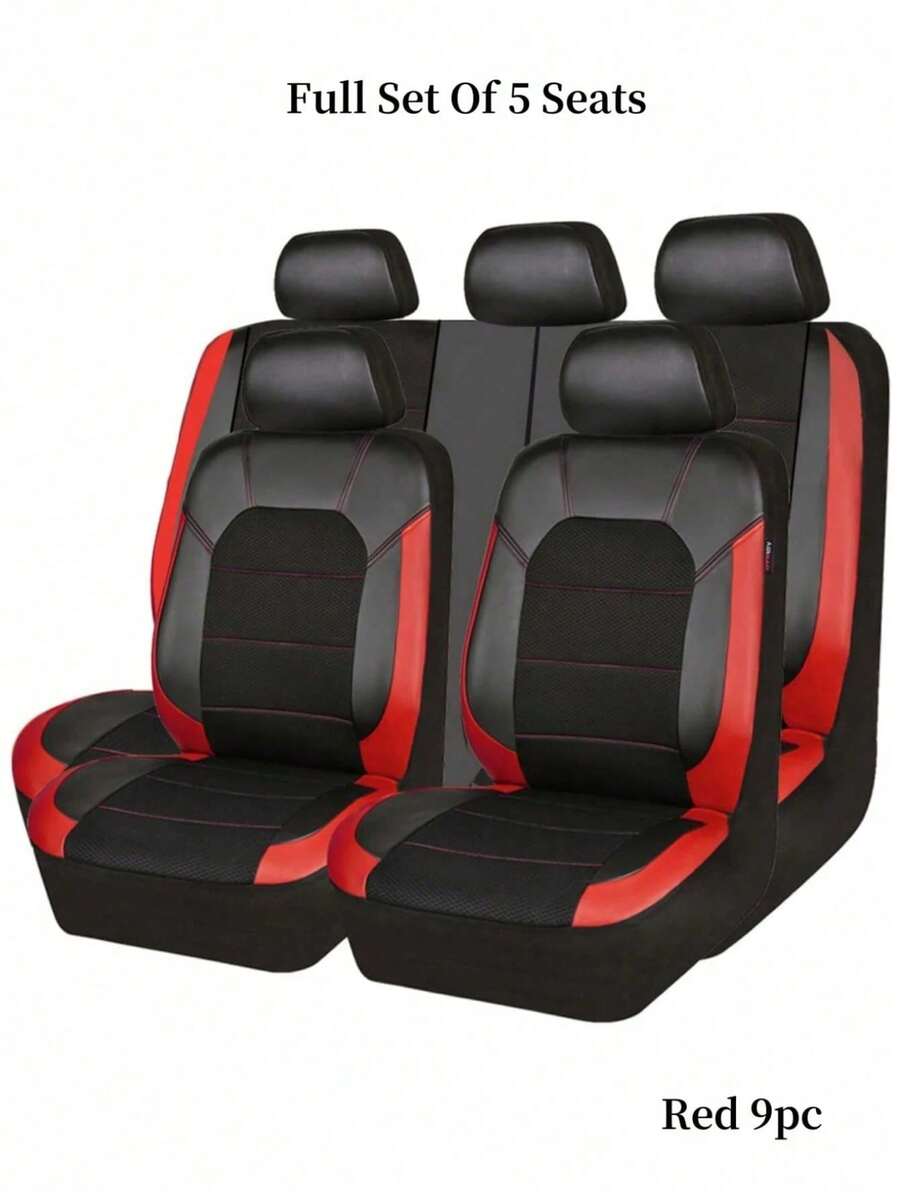 9 個赤黒 Pu レザーカーシートカバーフルサラウンドメッシュセダン SUV トラック用エアバッグジッパー