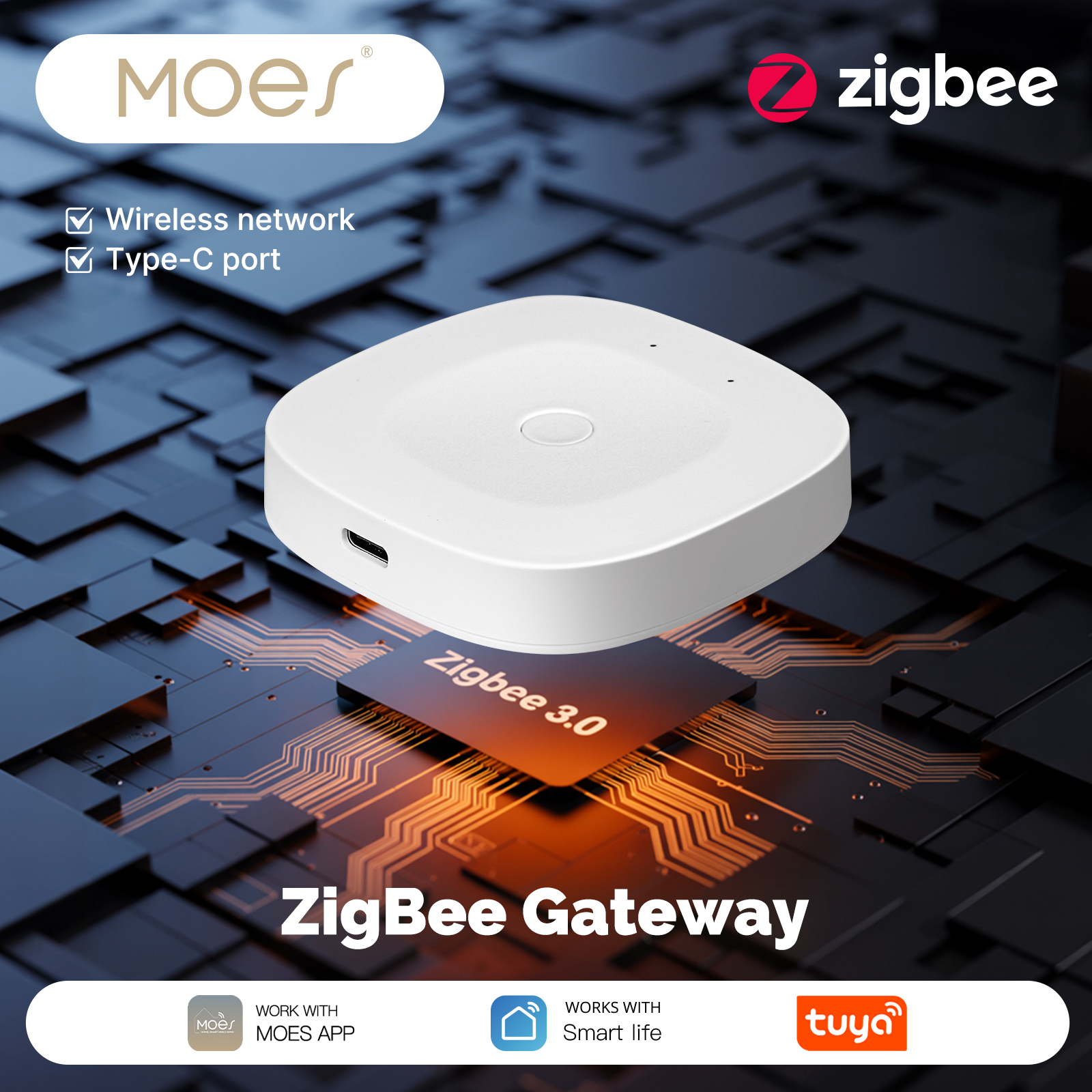 MOES Tuya ZigBee ゲートウェイ ハブ Type-C ポート電源ブリッジ スマート ホーム オートメーション ワイヤレス ネットワーク Alexa Google Home と連携