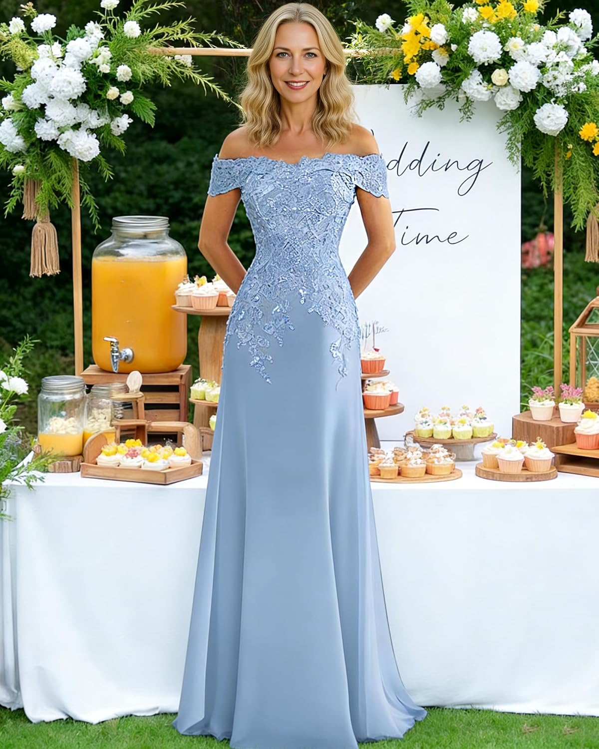 花嫁の母のドレス女性のためのエレガントなシフォンオフショルダー結婚式のゲストドレスレースアップリケイブニングパーティードレス