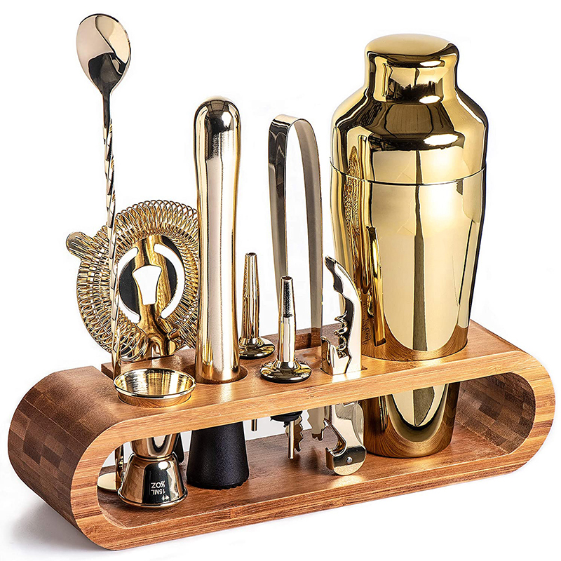 カクテルバーセット Mixology バーテンダーキット: スタイリッシュな竹スタンド付きバーツール 10 点セット