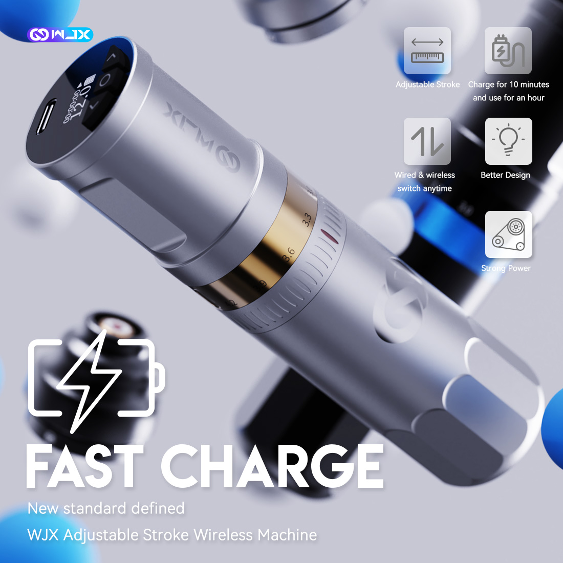 WJX W3 高速充電ワイヤレスタトゥーマシンペン 7 ストロークコアレスモータータトゥーガンロータリータトゥーマシン