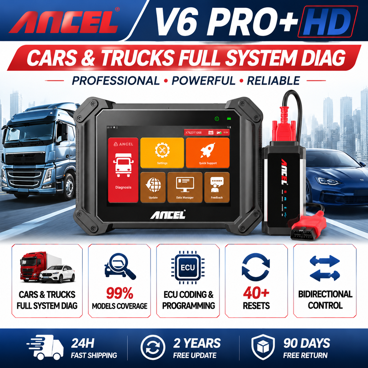 車のトラックデュアルユース車 OBD スキャナ ANCEL V6 Pro HD フルシステム双方向 ECU コーディング 40 リセットヘビーデューティ診断ツール