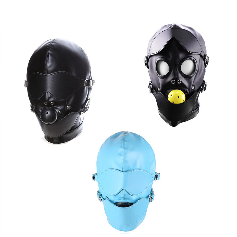 Pu レザー緊縛黒フードマスク全頭フェイスカバー衣装拘束ロールプレイコスプレセクシーなヘッドギア大人のおもちゃカップル用