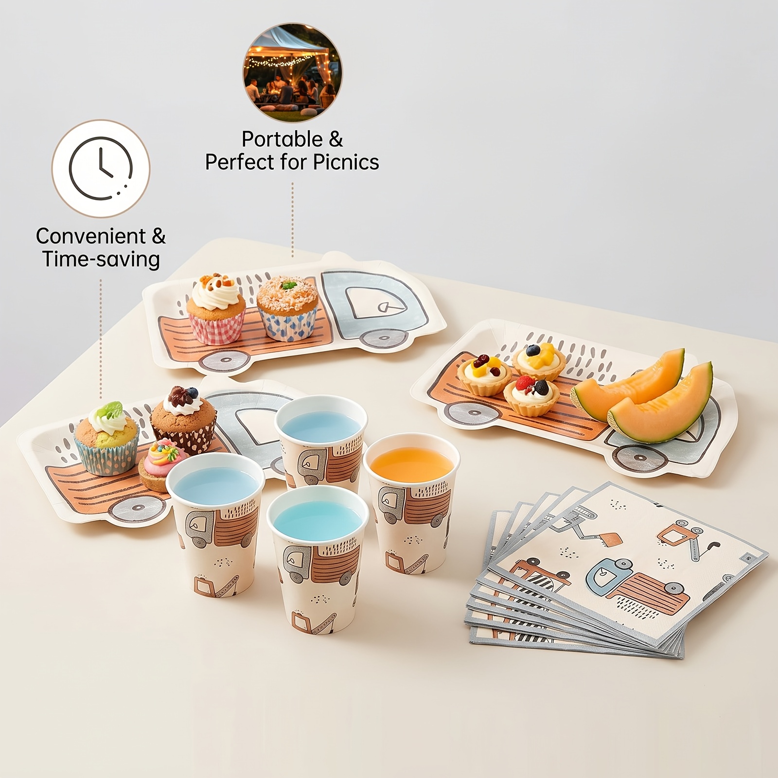 48 個建設車両使い捨て食器セット 16 ゲスト大小皿カップナプキンクリーンパーティー用品誕生日