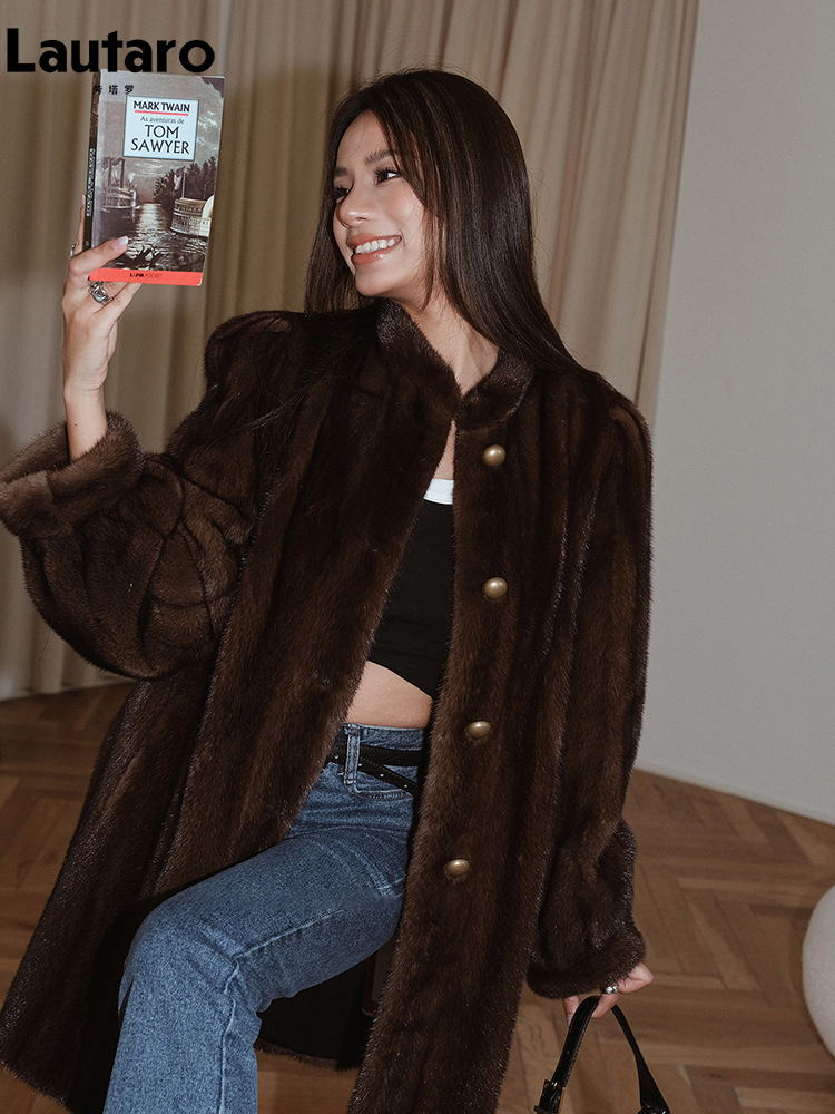 Lautaro 冬ブラウン厚くて暖かいソフトフェイクミンクファーコート女性長袖スタンドカラーエレガントな高級シックなふわふわジャケット 2023