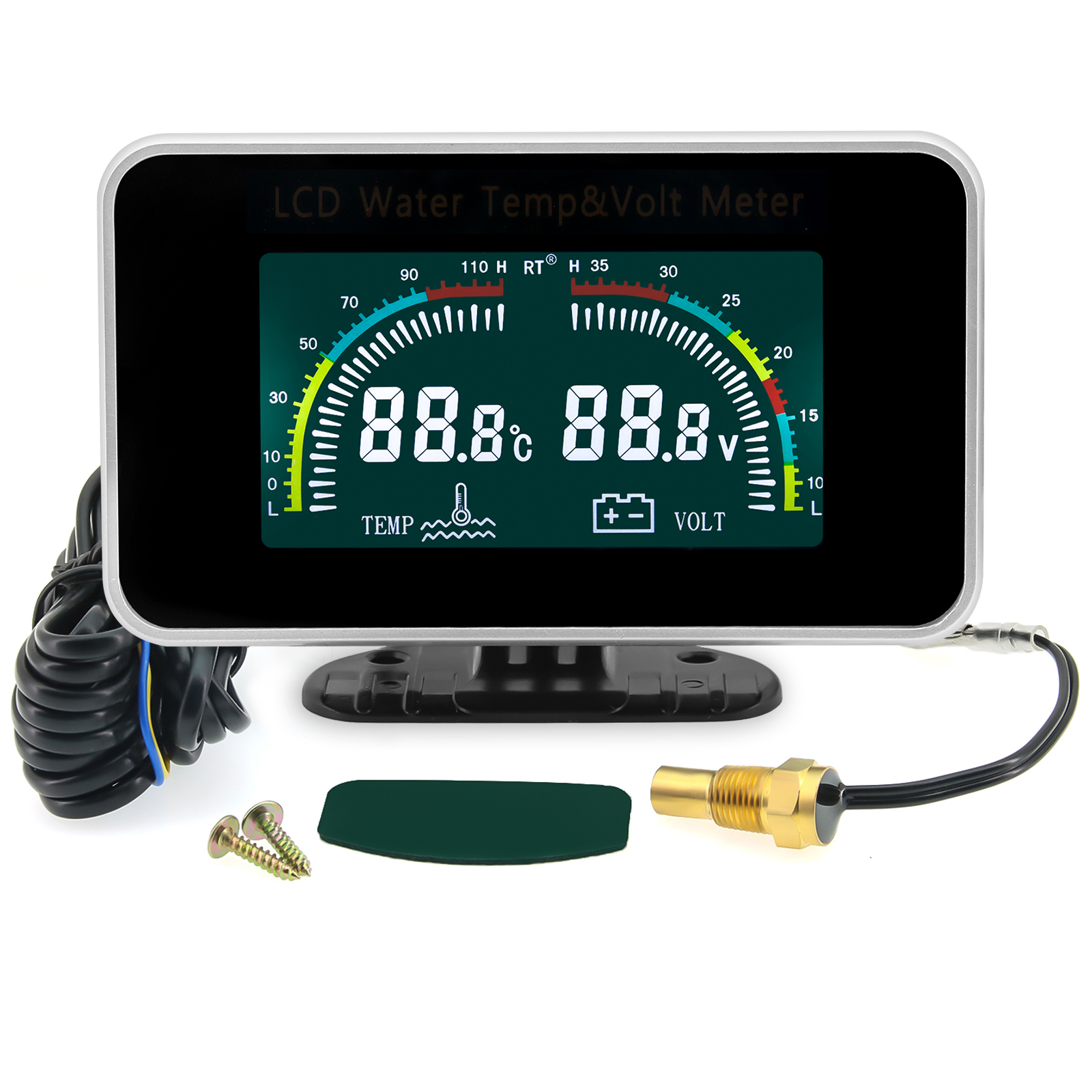 12V/24V 2 IN 1 車用 LCD ゲージ水温計温度計電圧計ゲージ 10mm 温度センサー 26 〜 40mm アダプター (オプション)