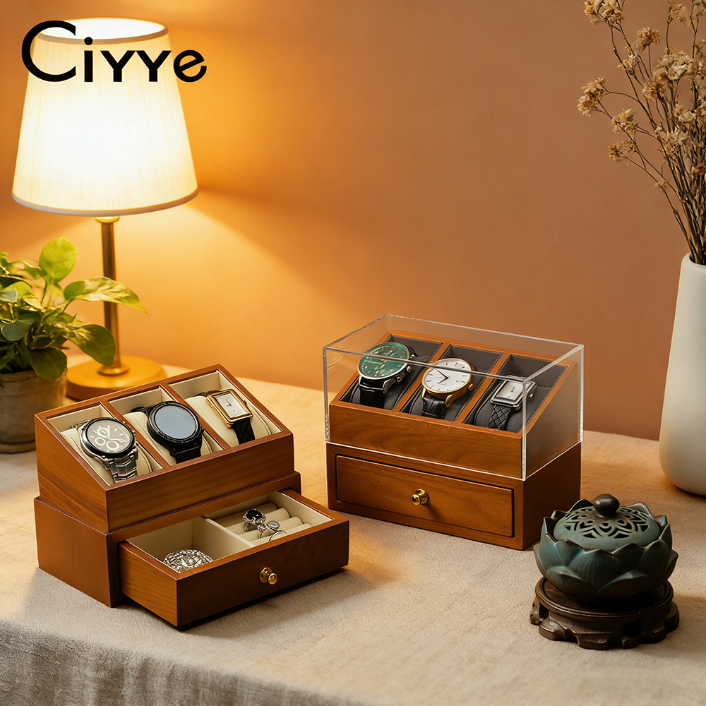 Ciyye 木製時計収納ボックス 2 層ジュエリーオーガナイザー 3 グリッド時計スタンドデスクトップ多機能ジュエリー収納小道具