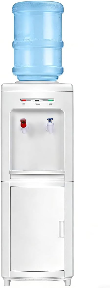 トップローディング温水および冷水ディスペンサー、3～5ガロンボトル用、収納キャビネット、チャイルドセーフティロック、圧縮冷凍技術付き、ホワイト
