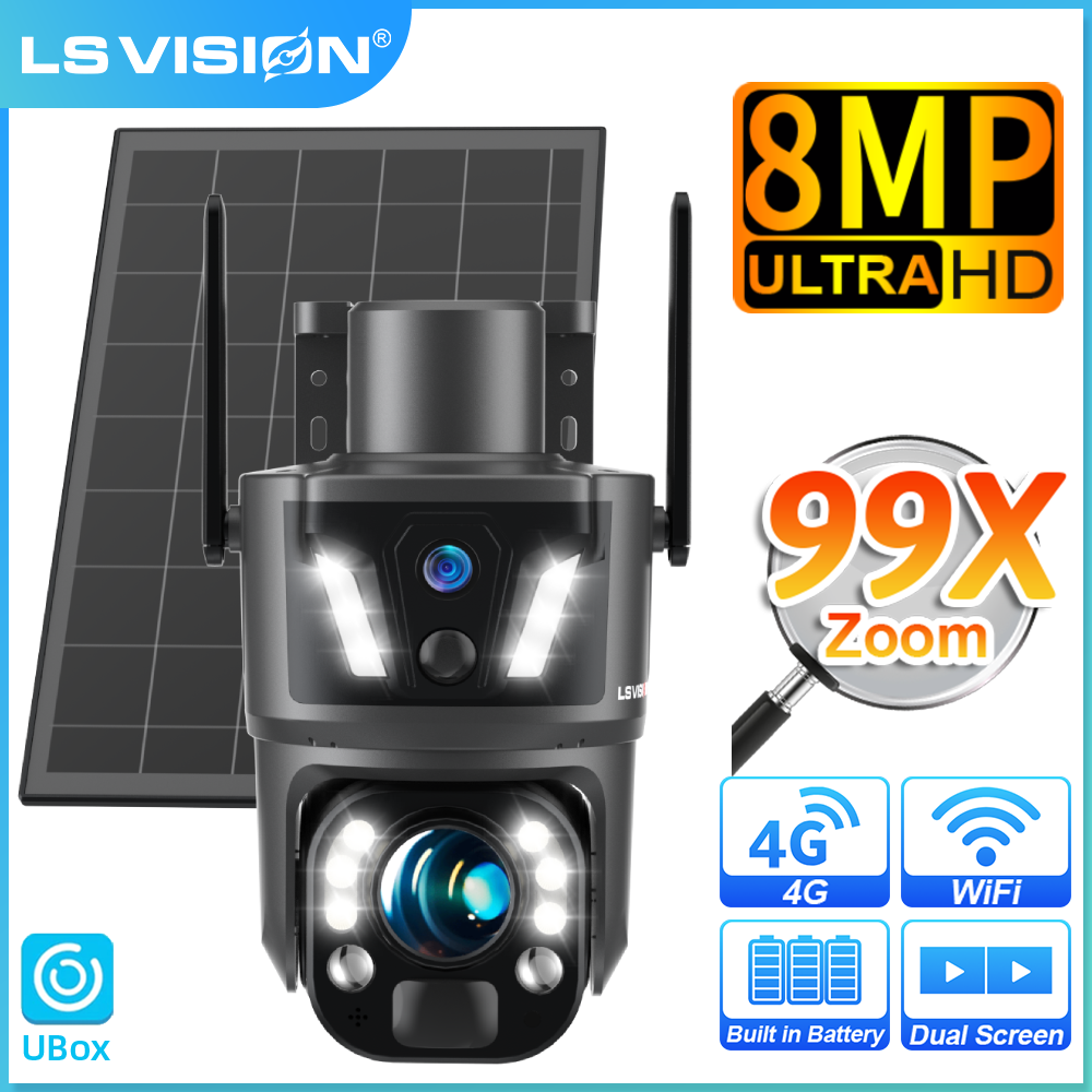 LS VISION 99X ズーム WiFi ソーラーカメラ 4G SIM 8MP デュアルスクリーン PTZ 屋外監視カメラ PIR Ai 検出自動ズーム追跡