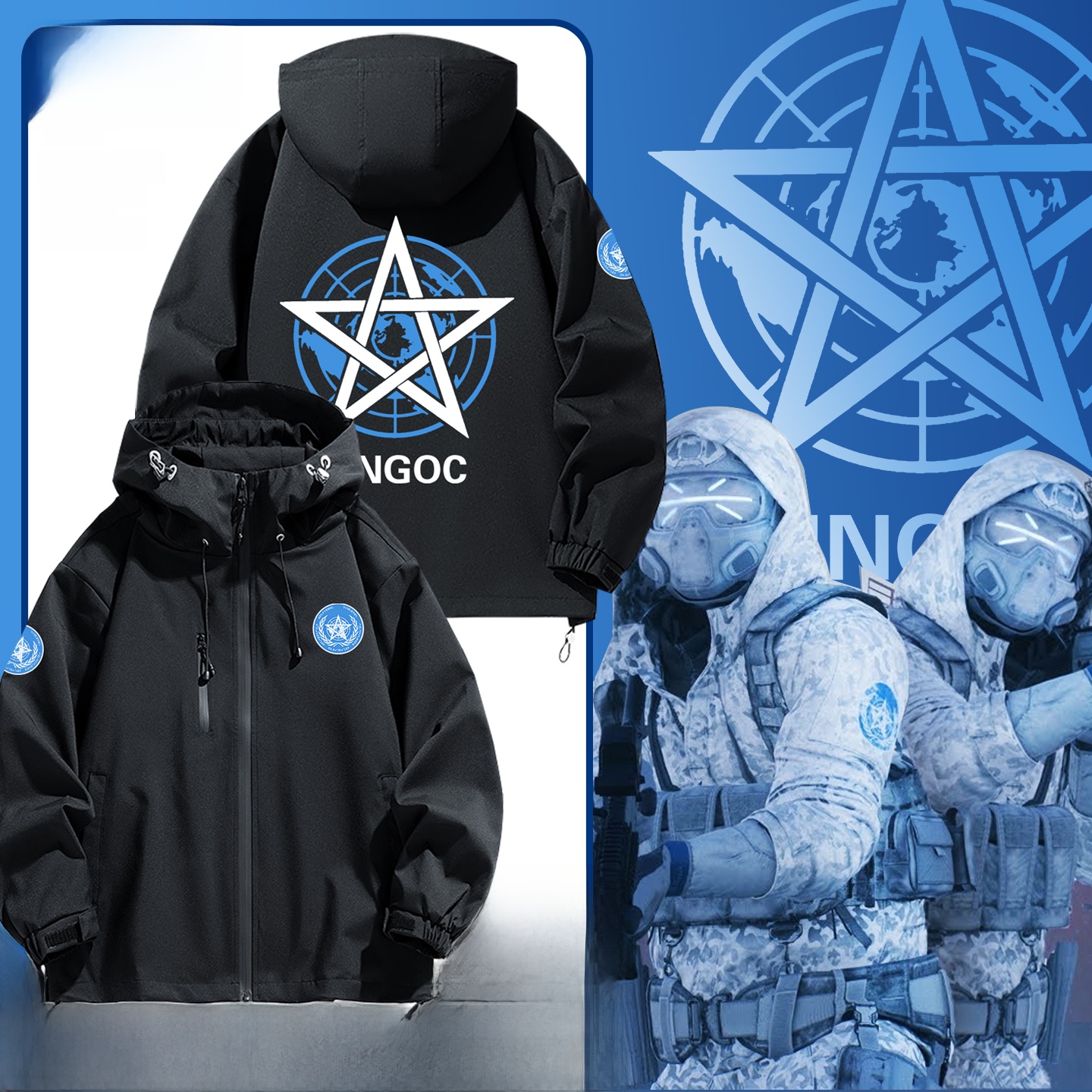 Ungoc Global Supernatural Alliance Organization メンズカジュアルフード付きフリース裏地ジャケットブラックアウターウェア春秋冬