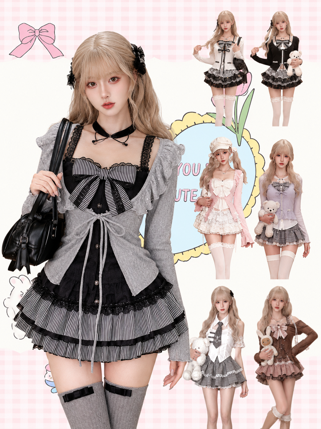 和菓子プレッピースタイル 2 点セット女性かわいいレースパッチワークリボントップス Y2k チェック柄ミニスカートエレガントなファッション衣装新しい