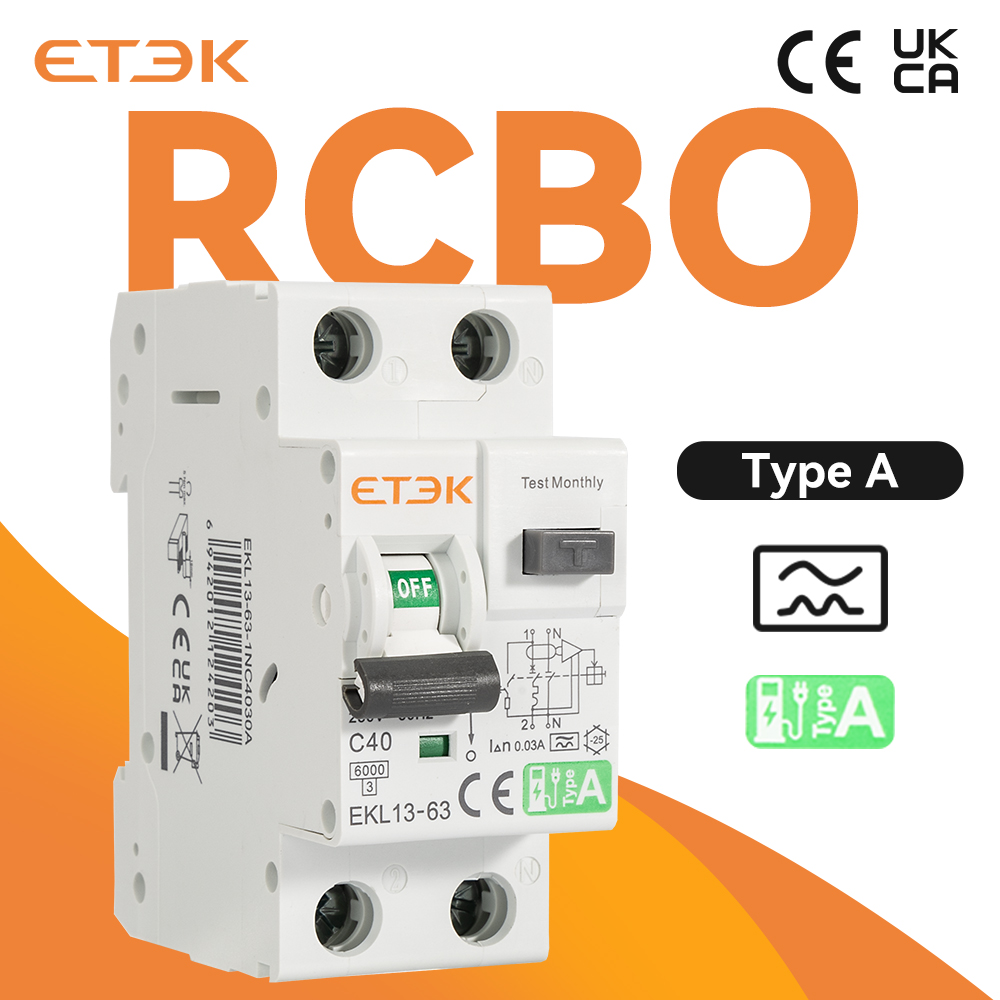 ETEK RCBO 電気自動車充電ステーションが利用可能 6KA 1P N 6A-63A 30mA カーブ C タイプ A EKL13-63
