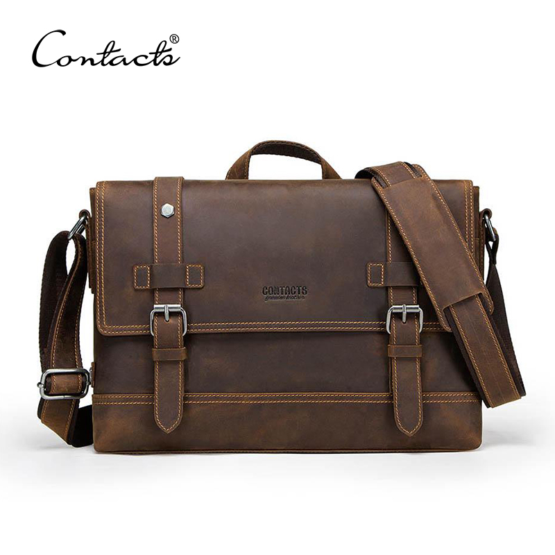 CONTACT'S クレイジーホース本革メンズバッグヴィンテージマンショルダーバッグラップトップメッセンジャーバッグ男性ボルサクロスボディハンドバッグ