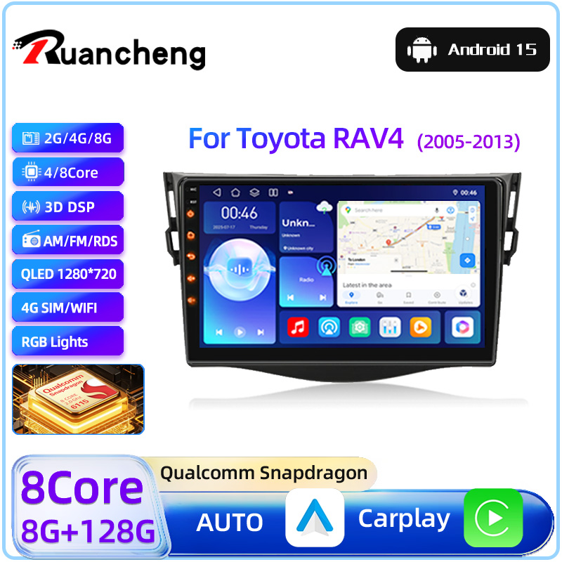 2026 新しい 2Din カーラジオ、Snapdragon Android 15 は CarPlay と Android Auto をサポートし、Toyota RAV4 Rav 4 2005-2013 に適しています。
