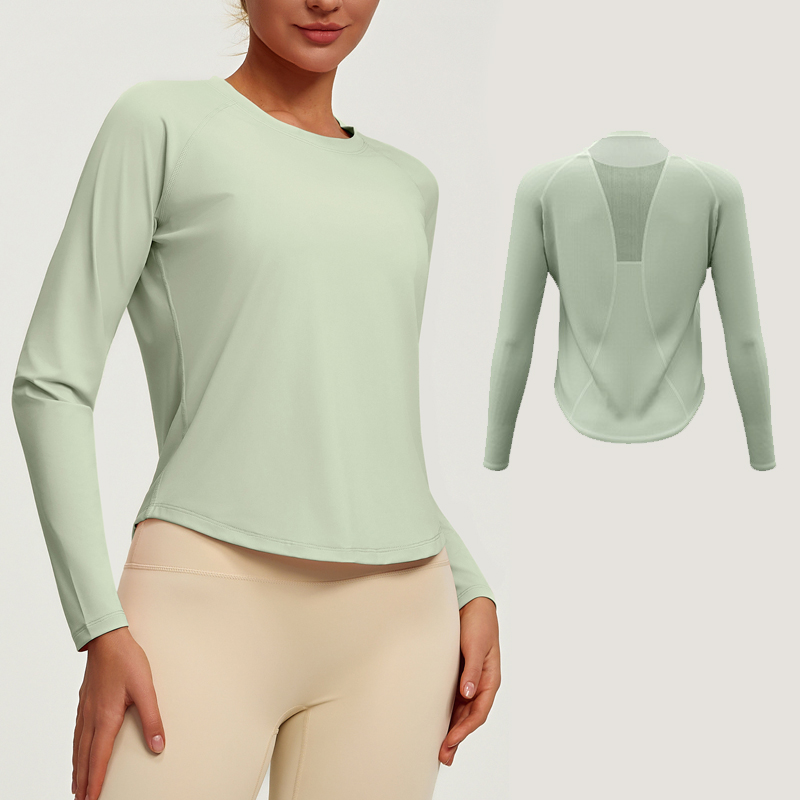 夏のホット販売の女性の長袖 Tシャツバックメッシュランニング通気性トップヨガフィットネス服女性の基本的なトレーニング服