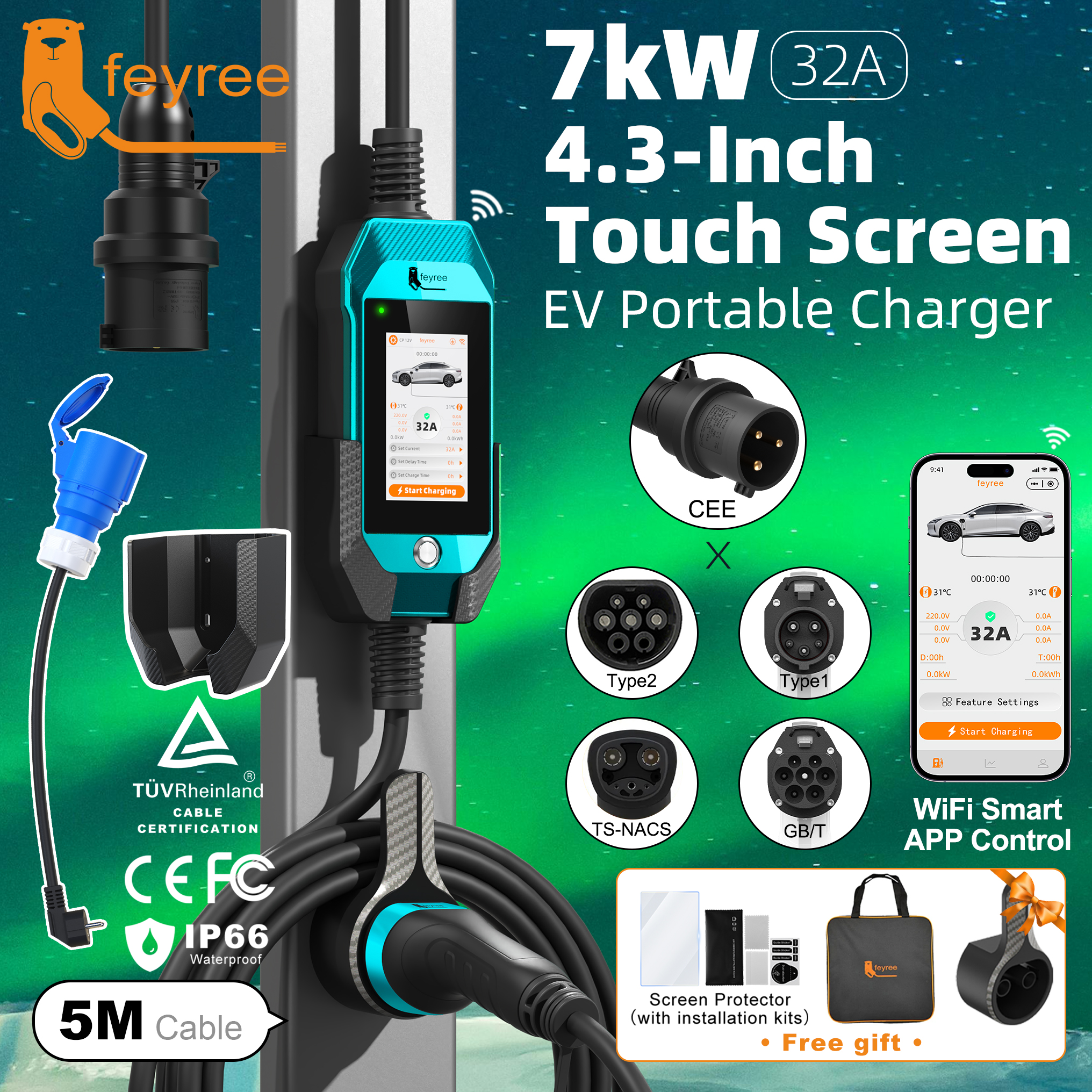 Feyree EV 充電器 4.3 インチタッチスクリーン Type2 /Type1 /GBT /TS-NACS 32A 7kW 1P ポータブル充電器スマート APP WiFi 制御 EV 車用