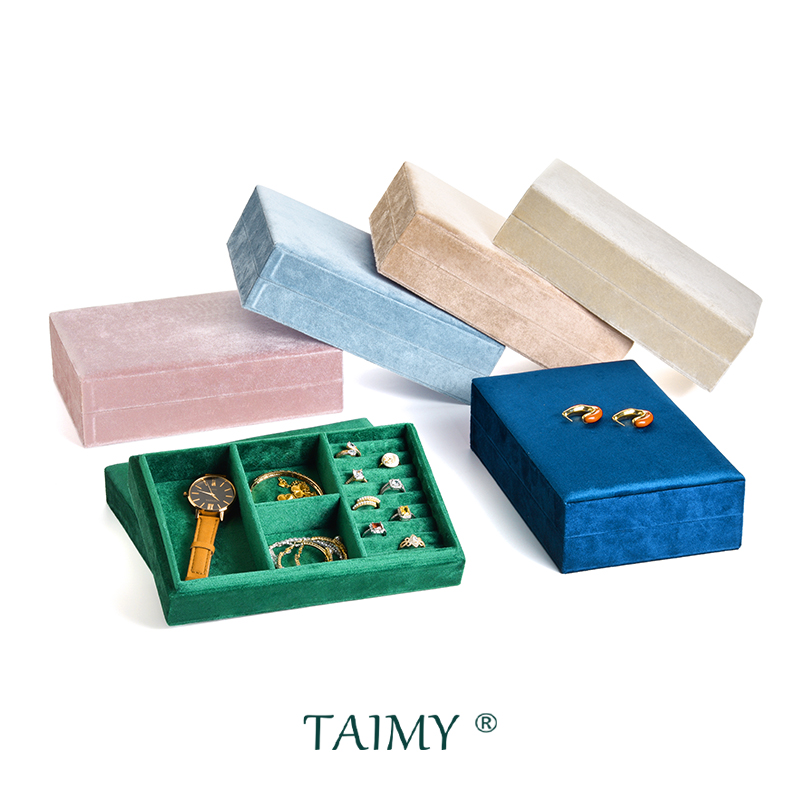 TAIMY 高級ベルベット旅行ポータブルカスタムロゴジュエリートレイ蓋付きデスクトップリングブレスレット時計収納ボックスディスプレイ包装