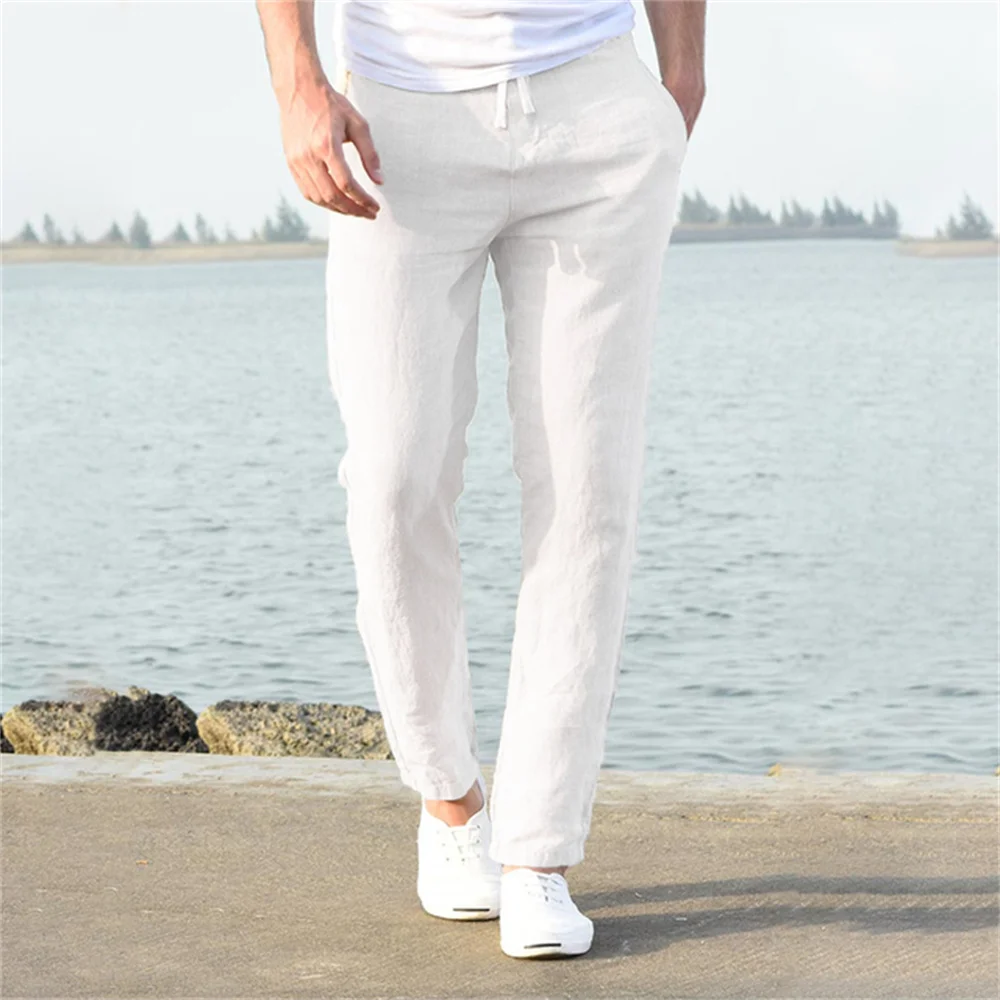 メンズ コットン リネン パンツ 通気性 無地 フィットネス ストリート 春夏新作 S-3XL