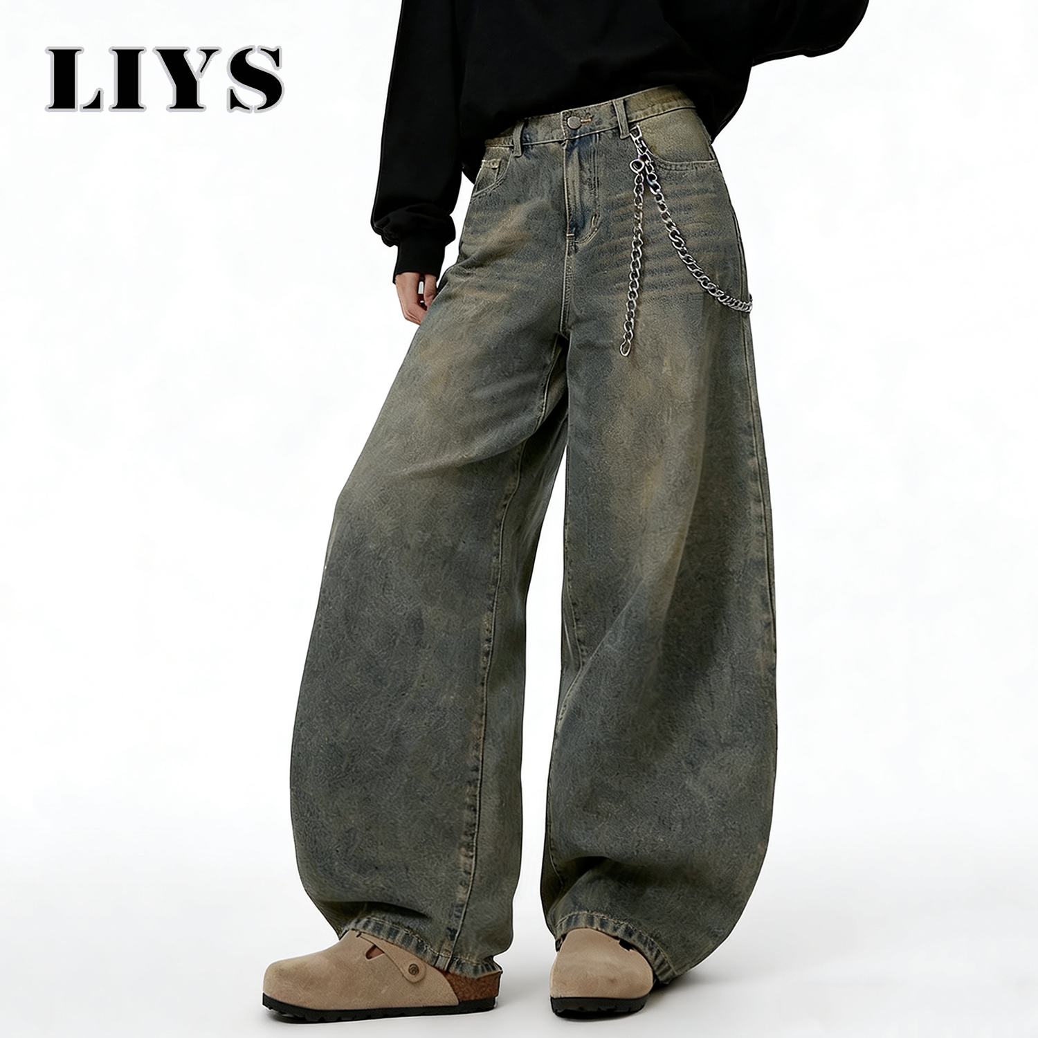 LIYS アメリカンレトロだぶだぶワイドレッグジーンズメンズストリートユーズド加工 Y2K 服カジュアルデイリー四季デニムパンツユニセックス