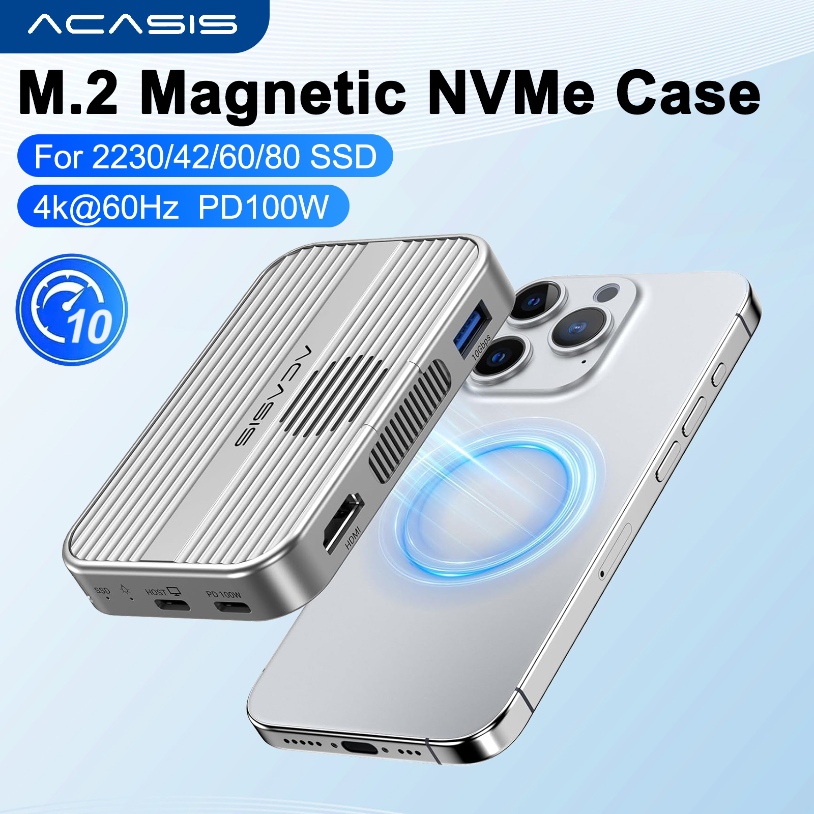 Acasis 磁気 M.2 NVMe SSD エンクロージャ 10Gbps USB C ドッキングステーション 冷却ファン付き HDMI 4K60HZ SD/TF PD 100W iPhone 17 16用