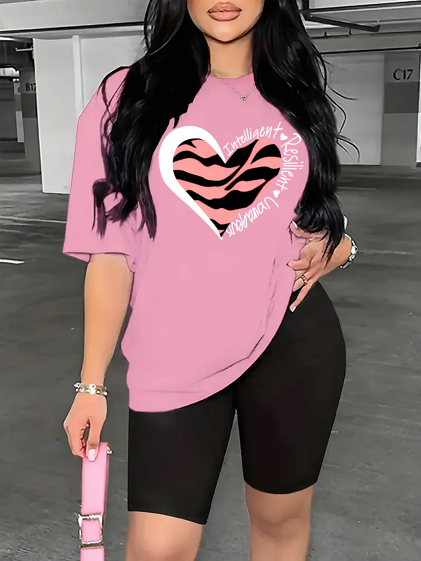 ハートヒョウ柄セット 半袖ラウンドネックTシャツ