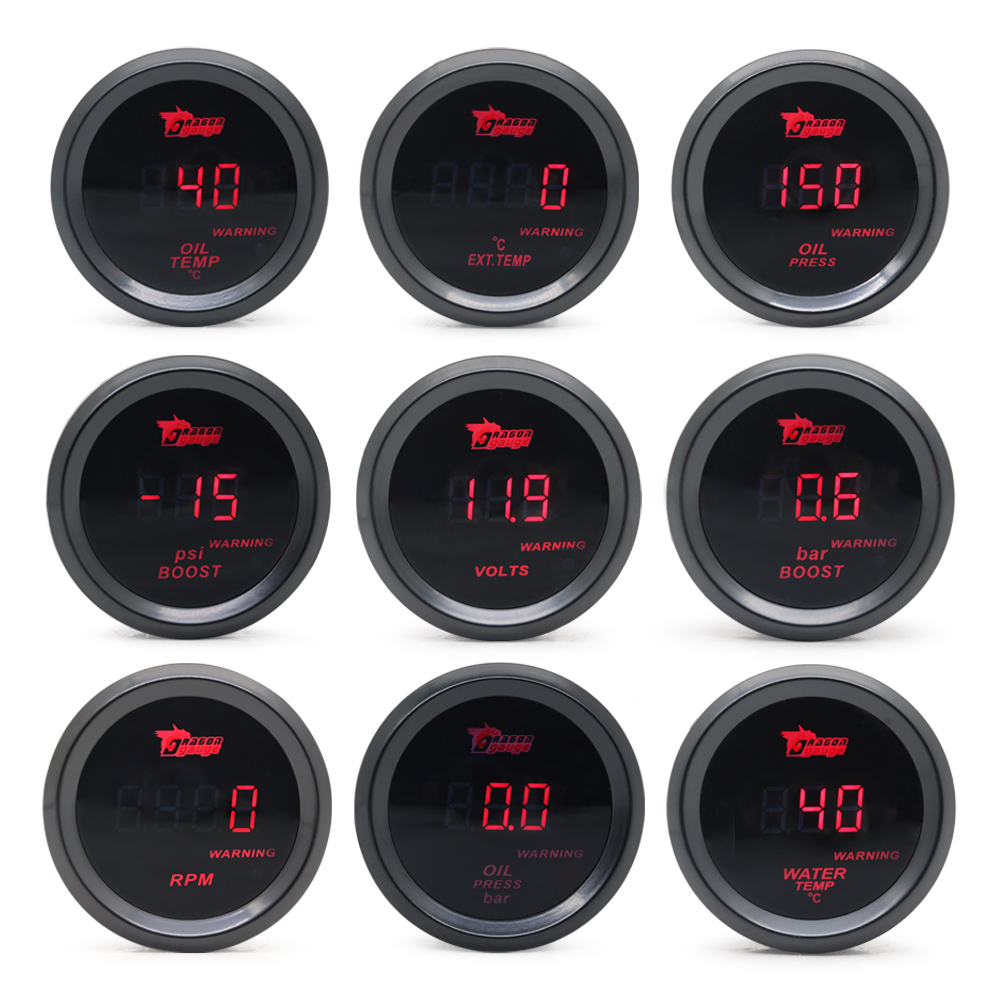 52 ミリメートルブーストゲージ/水温/油温/オイルプレス/電圧/タコメーターゲージデジタルレッド LED ブラックケース