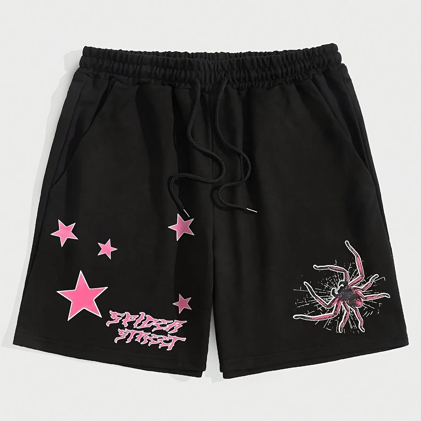 夏のストリートファッション用メンズプリントスパイダースター柄とレタープリントショーツ
