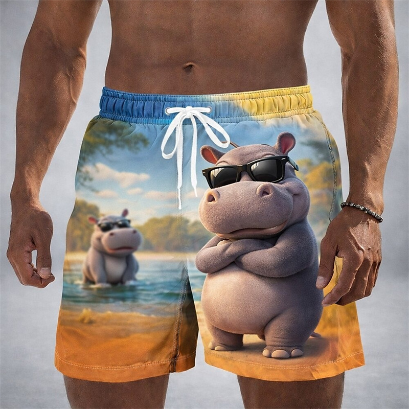 漫画スタイル動物テーマ 3D プリントビーチショーツ紳士服カバキリンフラミンゴ柄ボードショーツ夏