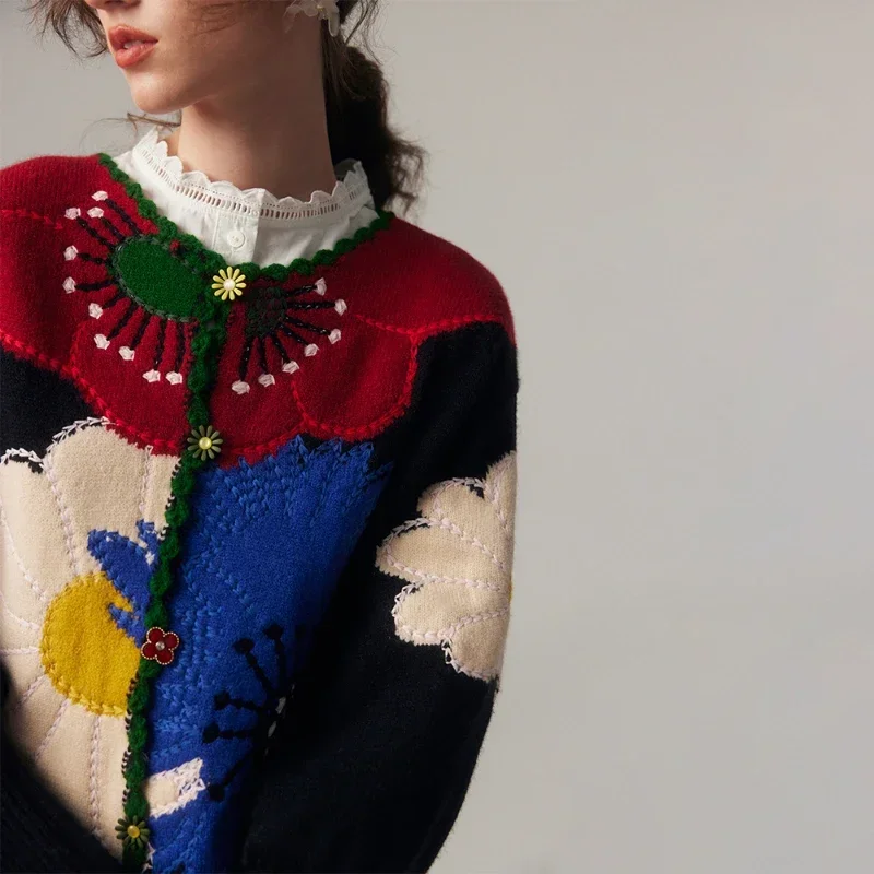 ヴィンテージ花刺繍ニットトップ高品質の女性のファッションカーディガンファッショントレンド秋冬新シックなセーターコート