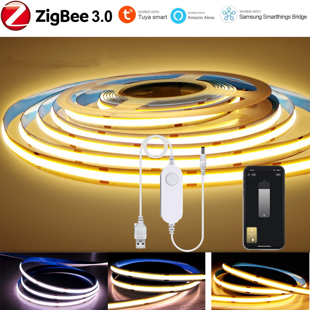 5V USB Tuya Zigbee 3.0 COB LED ストリップライト 1 メートル-5 メートルウォームホワイト柔軟な調光可能なライト 320leds/m 家の装飾 Alexa Google 用