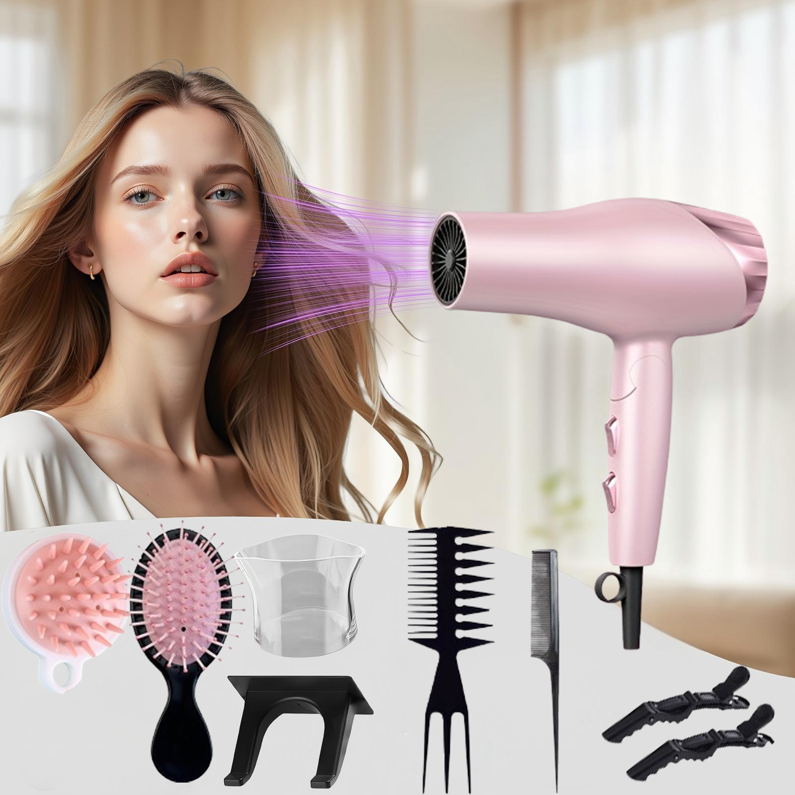 折りたたみ式速乾性ヘアドライヤー、カーリーヘア用ディフューザー付き、ノズル、温風/温風/冷風、2速度制御優しく安全