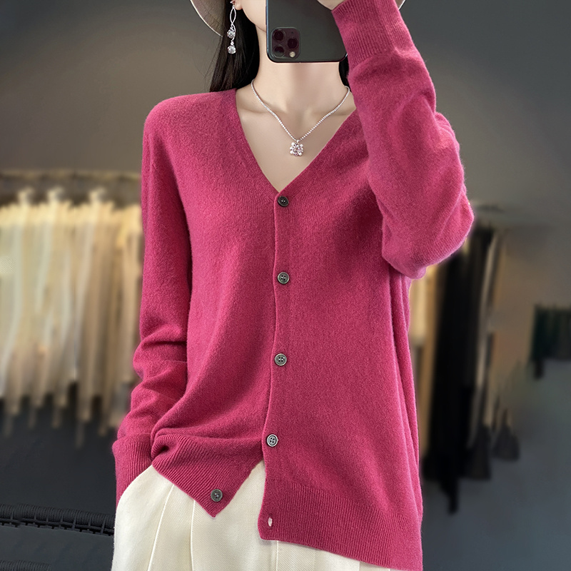 新ファッション春秋 100% メリノウールの女性の V ネックカーディガンカシミヤセーター 2024 女性ニット服韓国トップス