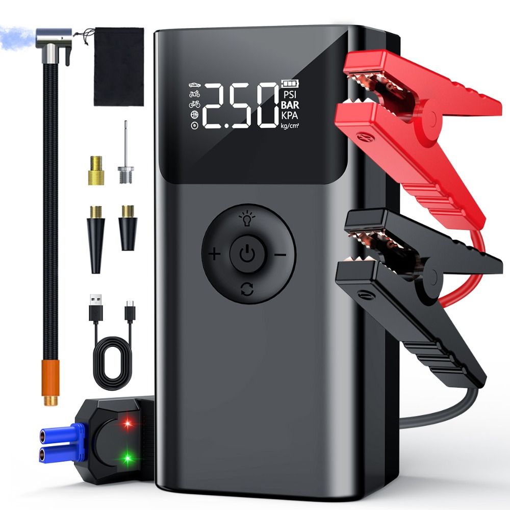 New 4 In 1 Car Jump Starter 1000A with LED SOS Light Air Pump Portable High Precision Air Compressor For Car/Motorcycle/ Bicycle