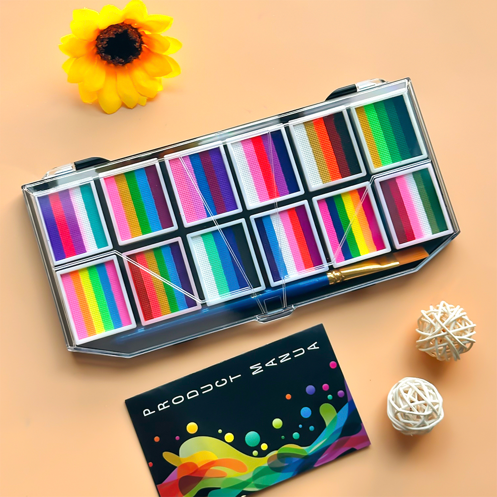 12 グリッドカラー フェイスペインティング ボディペイント メイクアップレインボー 水性カラフルペイントセット クリスマスパレット 大人と子供用