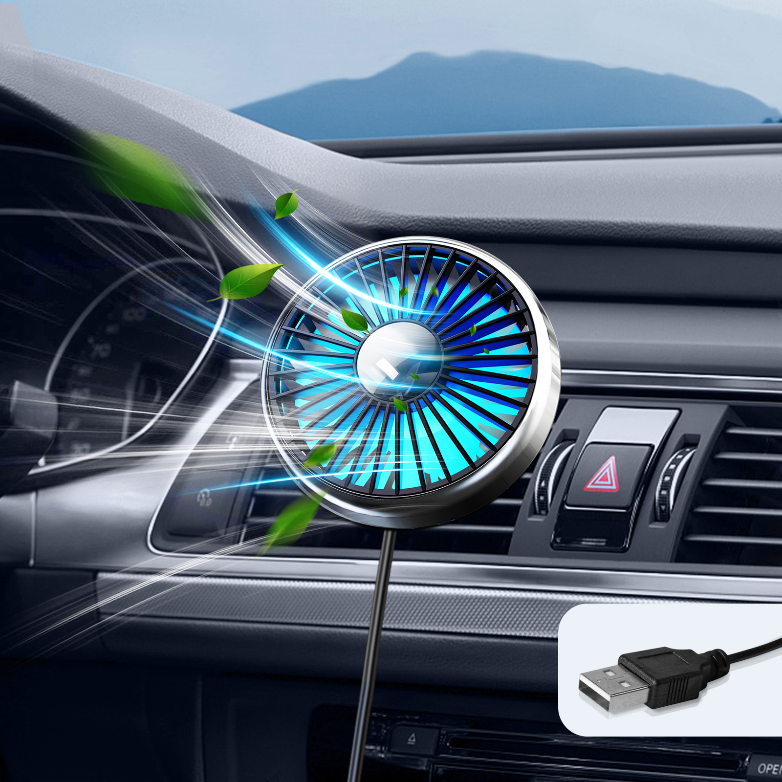 Hipacool ファン 車用 ユニバーサル エアベントクリップ 照明 空気出口 USB プラグイン冷却ファン 360°回転 3スピード風ファン付き