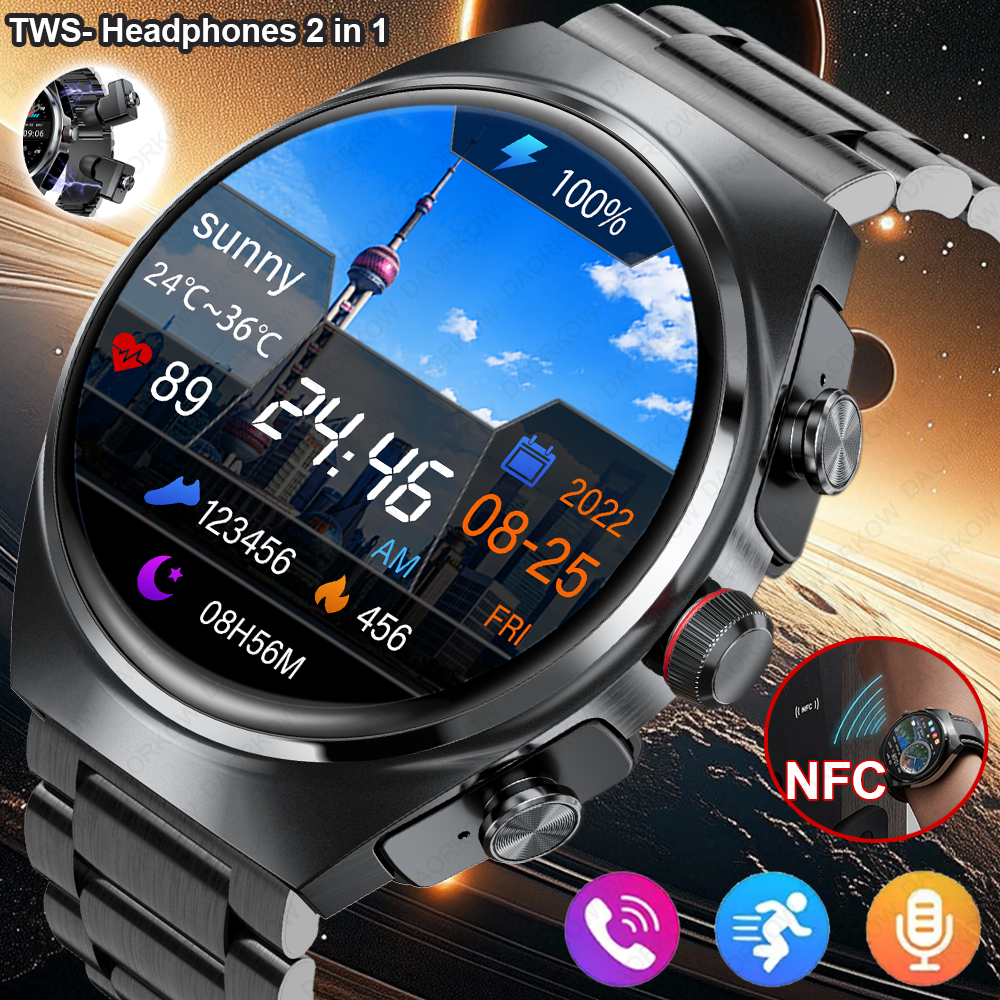 2025 2-in-1 スマートウォッチイヤフォン NFC スマートウォッチ TWS Bluetooth イヤホン心拍数血圧モニタースポーツフィットネス腕時計