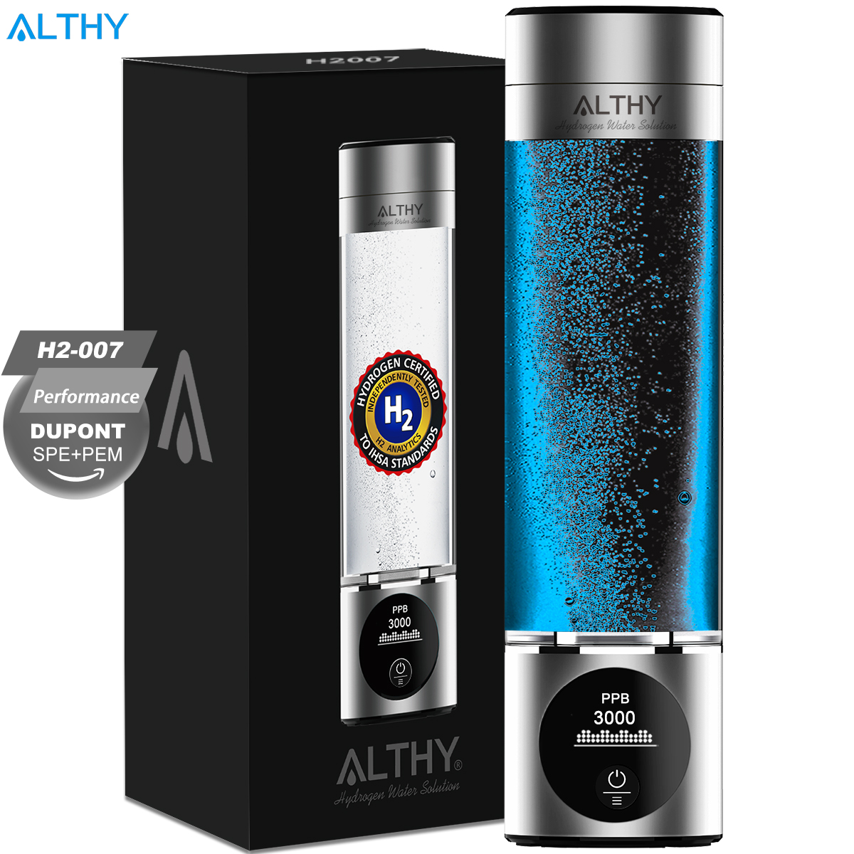 ALTHY パフォーマンス水素水生成ボトル DuPont SPE PEM デュアルチャンバーロナイザー PPB